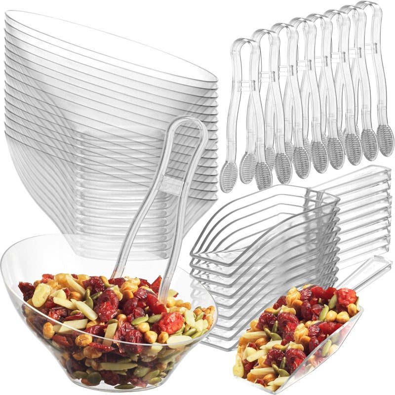 6 oz Clear Plastic Dessert Bowls 16 Pcs with 8 Scoops and 8 Tongs Angled Hard Disposable Ice Cream Bar Cups and Candy Buffet Containers Set for Serving Food Appetizers Buffets Party Supplies